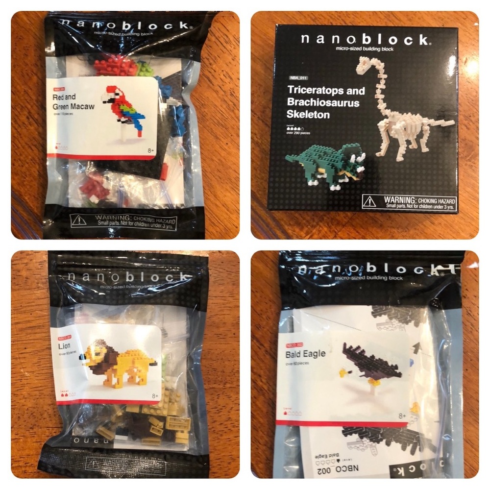 Set of 4 nanoblock toys - Mekaw, Lion, Eagles and Dinosaurs